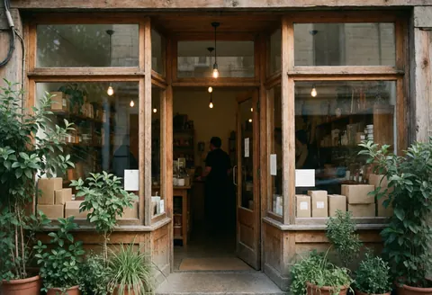 Rustic coffee shop storefront featuring wooden siding, large windows, and green potted plants creating a natural and inviting atmosphere