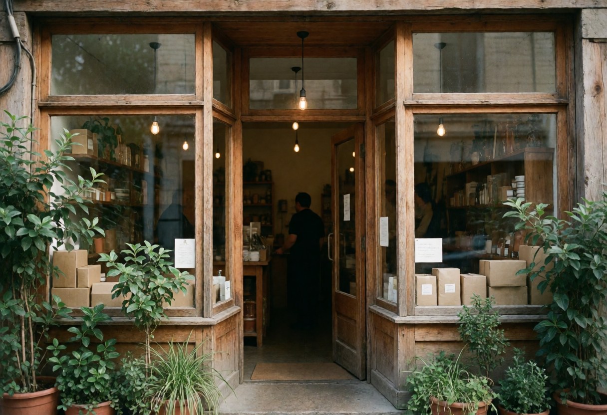 Rustic coffee shop storefront featuring wooden siding, large windows, and green potted plants creating a natural and inviting atmosphere