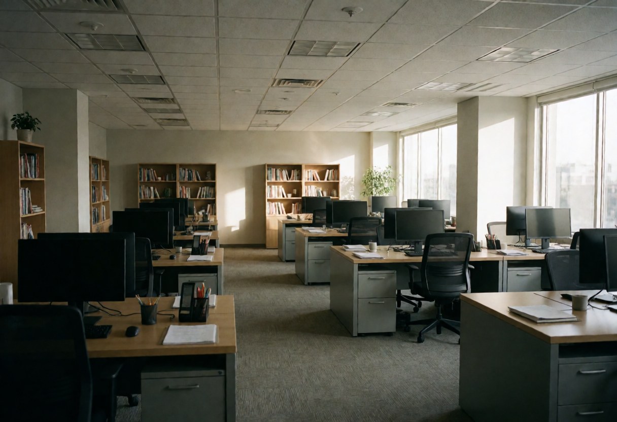 Empty modern bank office interior featuring desks, computers, shelves, and natural light from windows in a clean professional environment