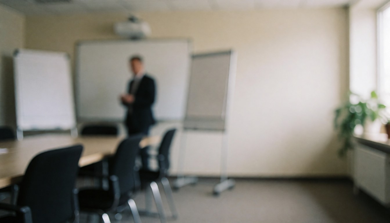 Empty meeting room featuring whiteboards and black chairs with a person standing in the background, suitable for corporate training.