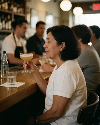A smiling woman sits at the bar counter enjoying a cocktail in a warm, softly lit atmosphere with other patrons in the background.