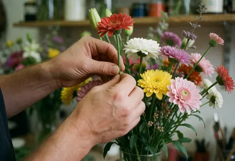 Close-up of a man's hands arranging a bouquet of colorful flowers in a vase with a blurred workshop background.