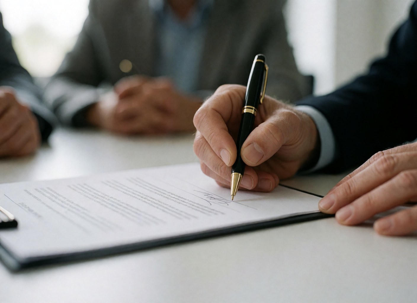 Close-up view of hands holding a black pen and signing a document on a desk with a blurred professional background