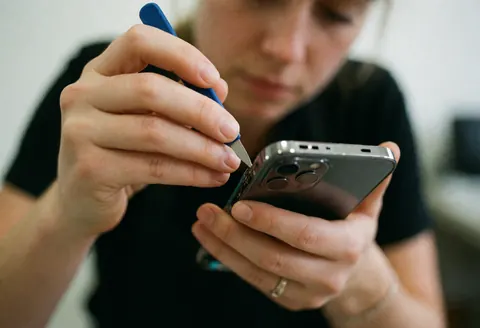 Close-up of a woman using precision tools to repair a smartphone, with a blurred background suitable for technology business services