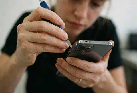 Close-up of a woman using precision tools to repair a smartphone, with a blurred background suitable for technology business services