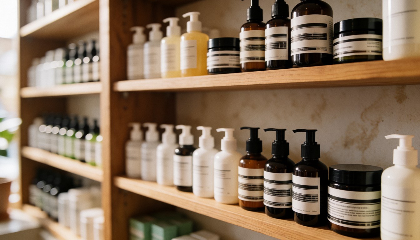 Wooden shelf displaying skincare bottles and jars with white and black labels against a blurred background with warm natural light