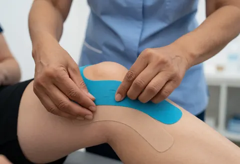 Physiotherapist applying kinesio tape to a patient's knee in a bright clinic with a blurred background