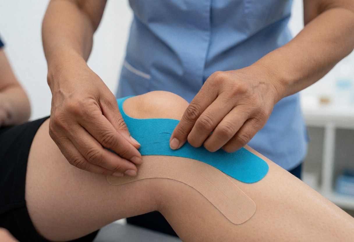Physiotherapist applying kinesio tape to a patient's knee in a bright clinic with a blurred background