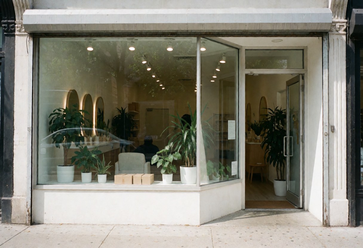 Exterior view of a hair salon featuring large windows, green plants, and an inviting entrance with a warm interior.
