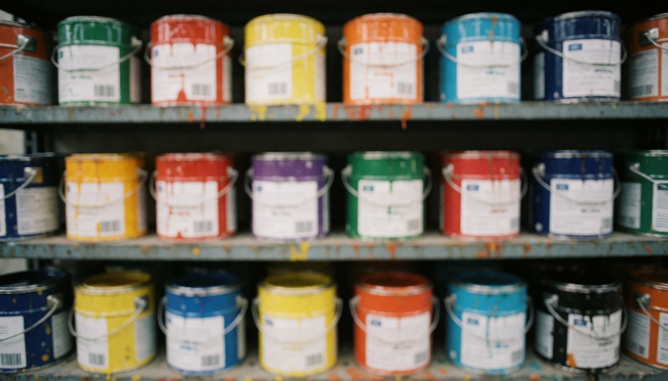 Rows of vibrant paint cans on metal shelves with a soft blurred background, providing a textured industrial backdrop for business text.