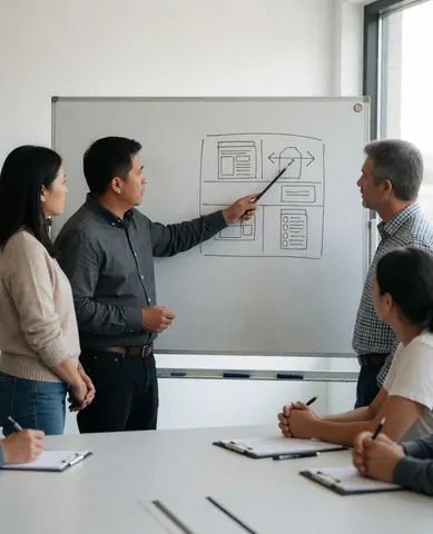 Instructor explains plumbing diagram on whiteboard to attentive colleagues during team training