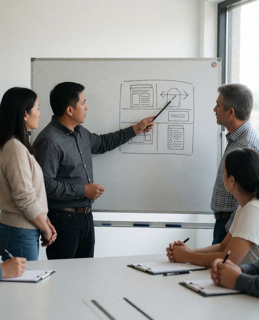 Instructor explains plumbing diagram on whiteboard to attentive colleagues during team training