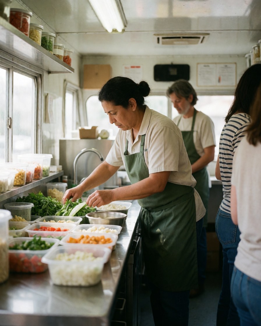 A female chef prepares fresh vegetables in an organized food truck kitchen with staff and customers nearby under natural light