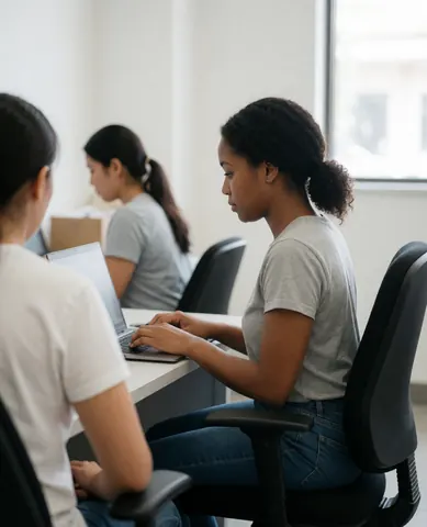 A young dark-skinned woman works on a laptop in a modern office with colleagues nearby in a professional setting