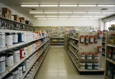 Empty hardware store interior featuring paint shelves, tools, and DIY materials with bright lighting and polished floors
