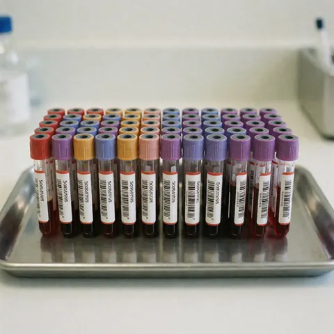 Several labeled blood collection tubes with barcodes arranged neatly in a metal tray within a clinical laboratory setting