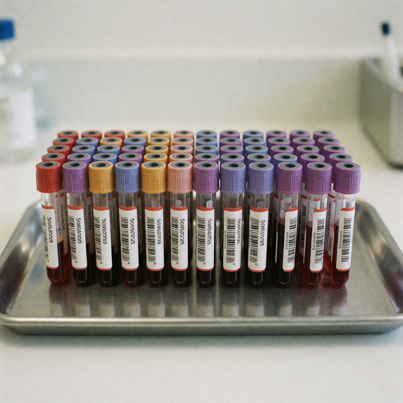 Several labeled blood collection tubes with barcodes arranged neatly in a metal tray within a clinical laboratory setting