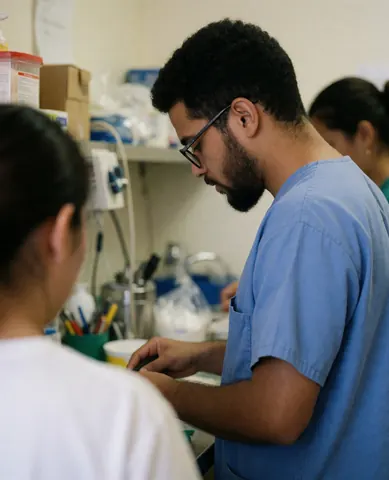 Veterinary technician wearing glasses and blue scrubs working in a lab with medical equipment and another professional nearby