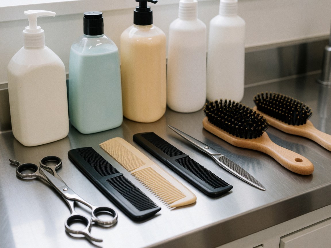 Clean and organized stainless steel counter with dog grooming scissors, brushes, and shampoo bottles