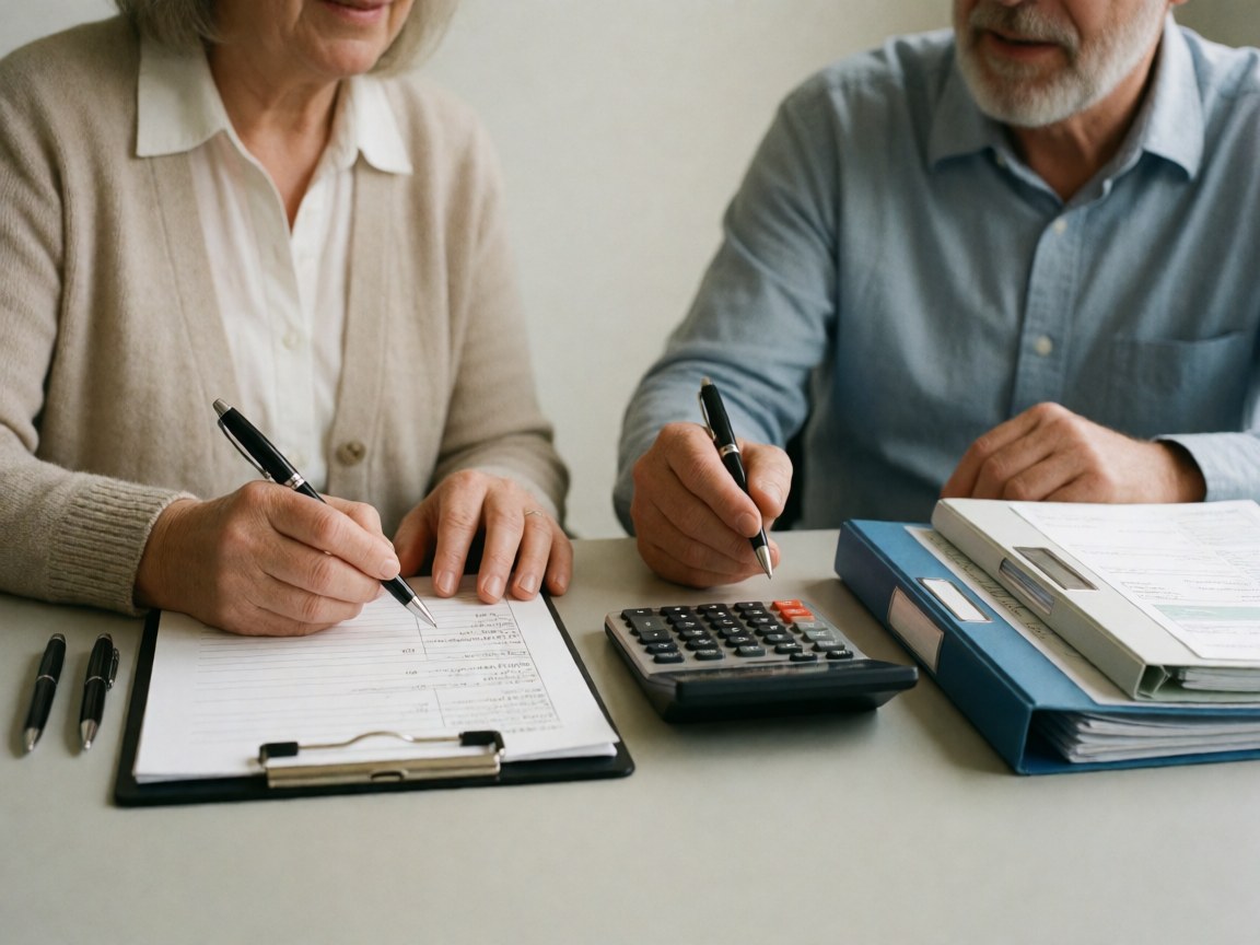 Two older adults signing insurance papers on a table with calculator, folders, and pens in a professional setting