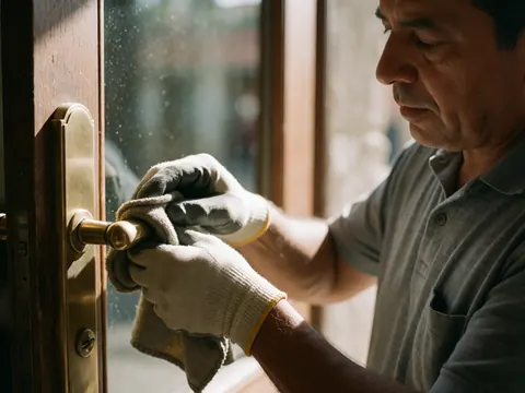 A man wearing gloves polishes a bronze door handle in a hotel, with natural light highlighting the metal details.