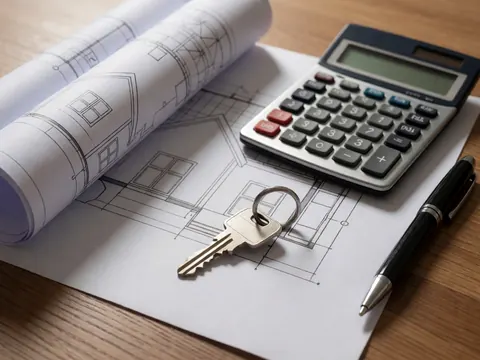 House key calculator and architectural blueprints on a wooden table for property buying or selling