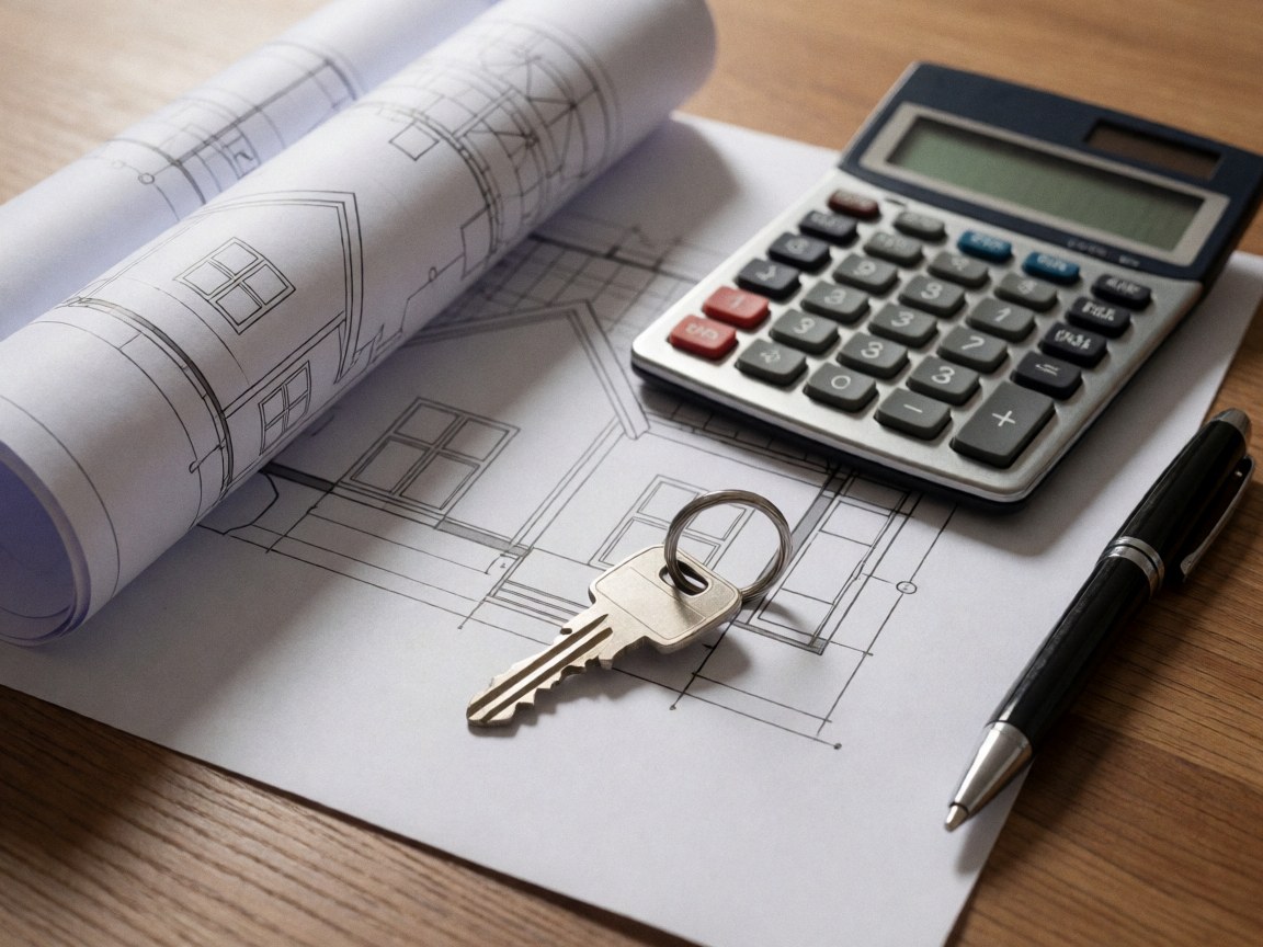 House key calculator and architectural blueprints on a wooden table for property buying or selling
