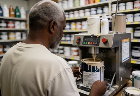 An older man operates a paint mixing machine inside a hardware store with product shelves visible in the background