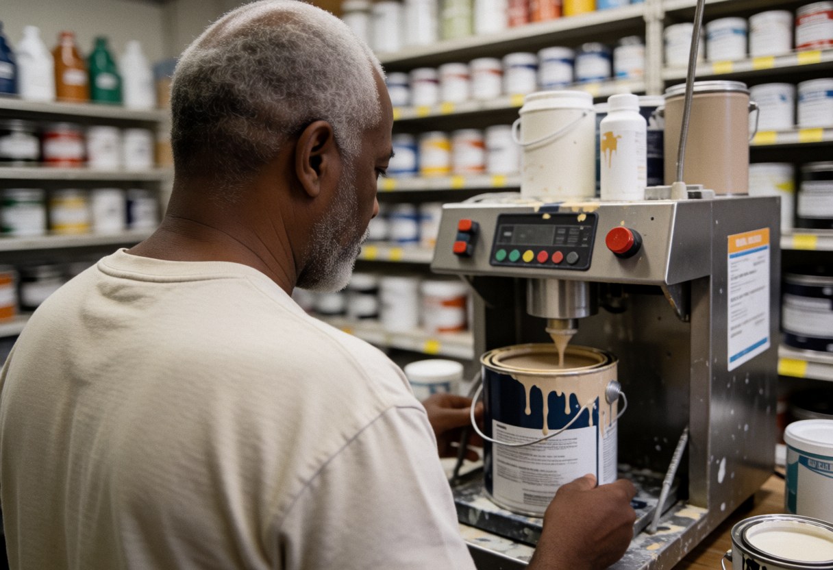 An older man operates a paint mixing machine inside a hardware store with product shelves visible in the background