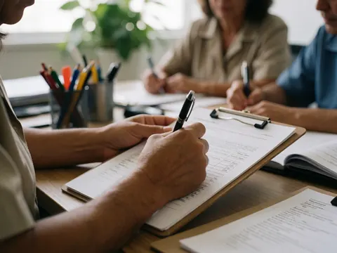 Close up of a hand writing notes in a psychology portfolio on a desk with office plants and work tools