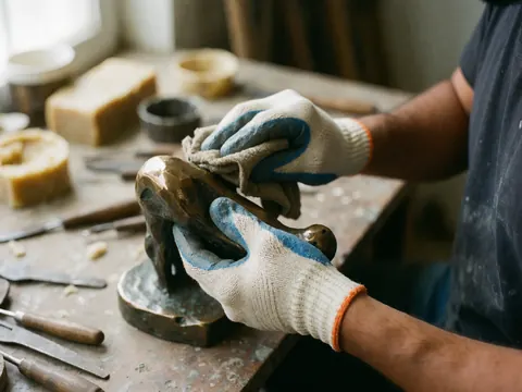 A gloved hand uses a cloth to polish a bronze sculpture, with tools and waxes visible on a blurred workshop background