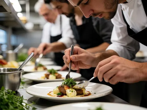 Young chef plating a gourmet dish with fresh herbs and stainless steel utensils in a well-lit professional kitchen.