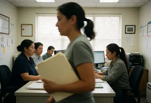 A woman walks through a busy human resources office holding a folder while colleagues work at their desks