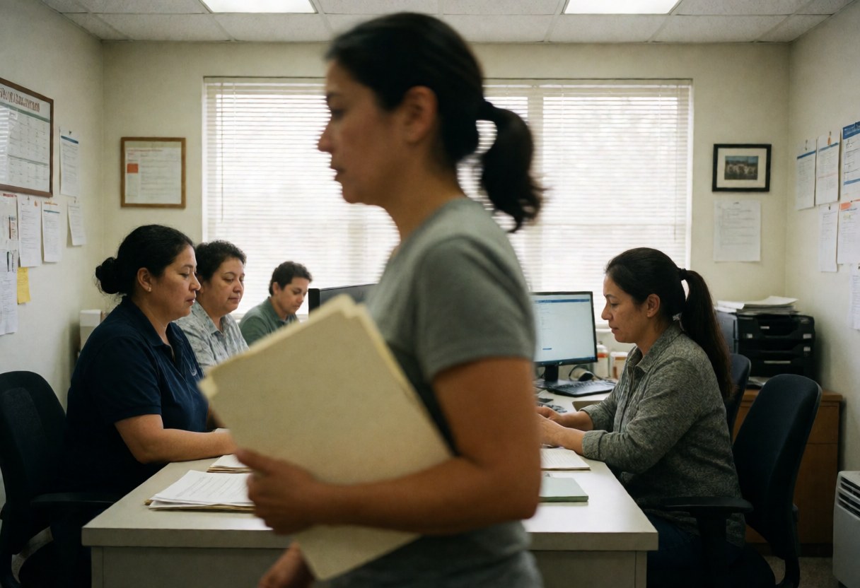 A woman walks through a busy human resources office holding a folder while colleagues work at their desks