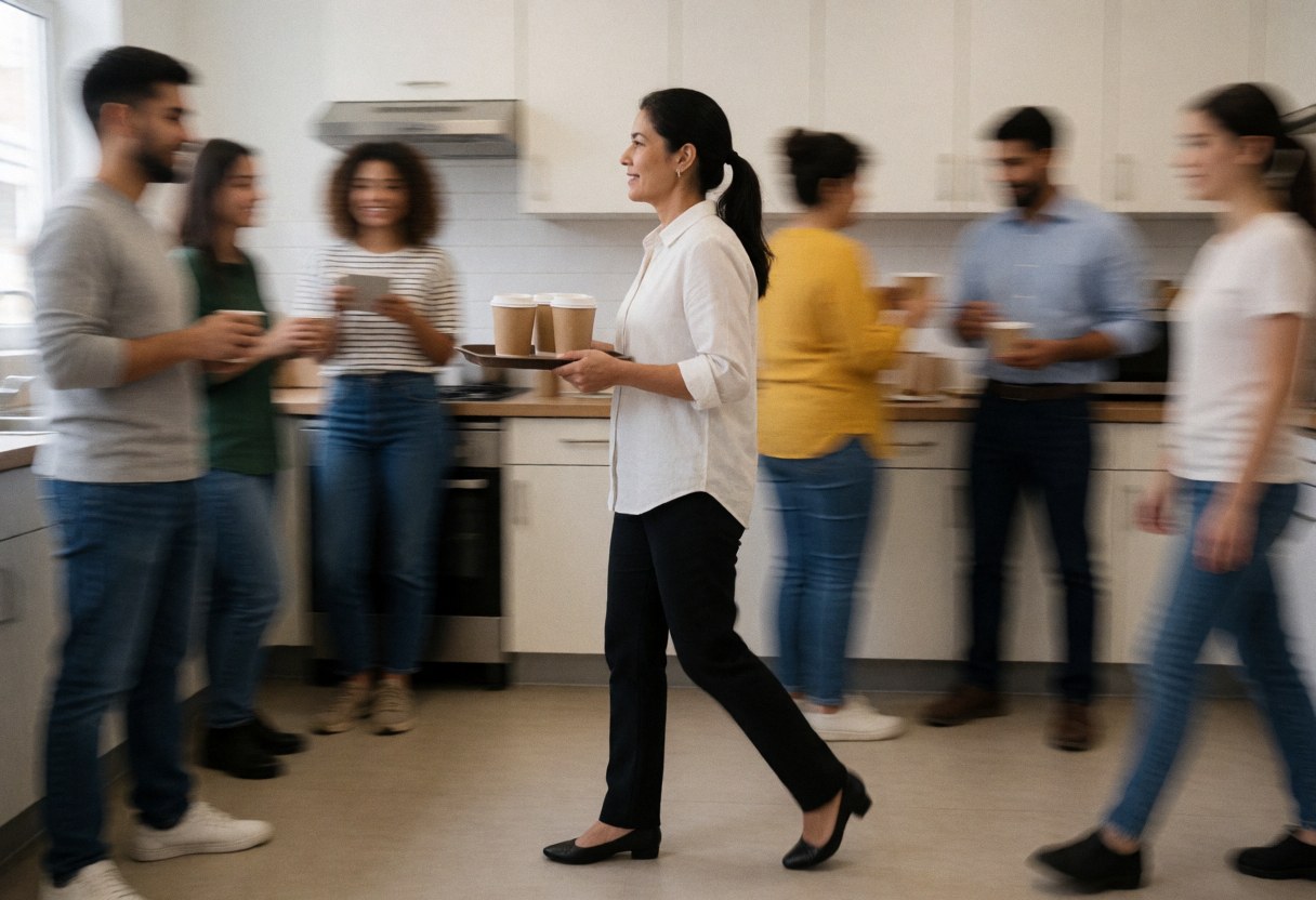 A woman carries a coffee tray through a shared kitchen while colleagues chat and drink in the background