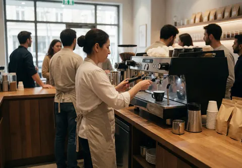 A barista prepares coffee at a wooden counter in a modern cafe with customers waiting nearby and warm lighting.