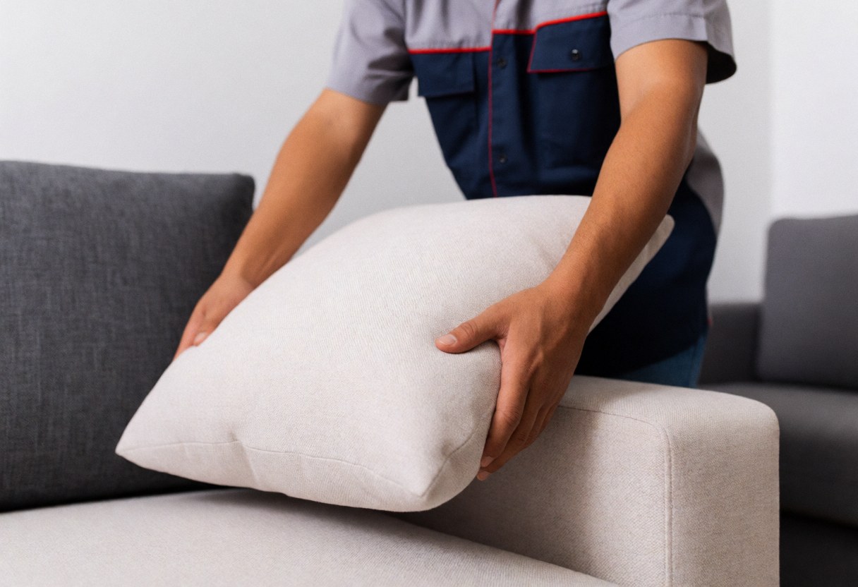 A man adjusts a cushion on a fabric sofa in a furniture store, demonstrating attentive customer service in a realistic setting.
