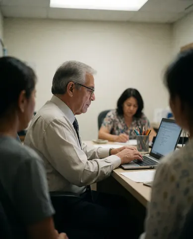 An older man with glasses works on a laptop in an office surrounded by other employees working at their desks