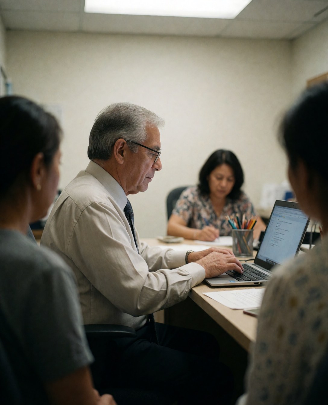 An older man with glasses works on a laptop in an office surrounded by other employees working at their desks