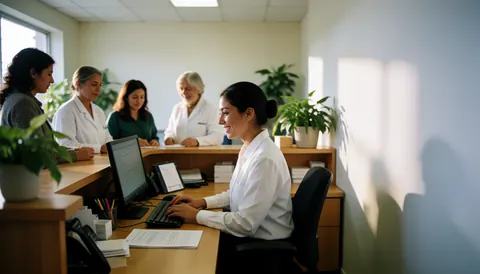 Reception area of a physical therapy clinic with staff working at computers, plants, and natural light
