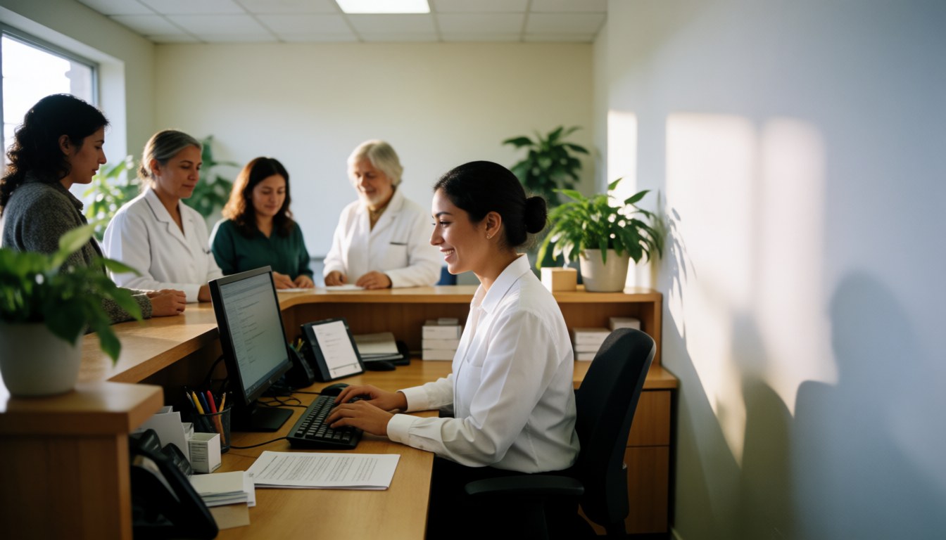 Reception area of a physical therapy clinic with staff working at computers, plants, and natural light