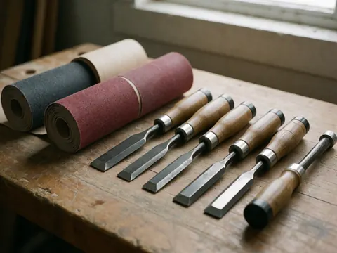 Close-up view of chisels, sandpaper, and carpentry tools arranged on a wooden workbench with natural lighting