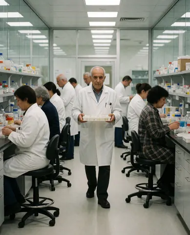 An older scientist walks down a laboratory hallway carrying samples while colleagues work at analysis tables under fluorescent lights near reagent shelves