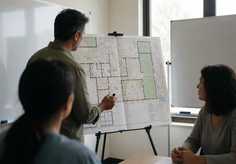 A man examines an event layout on a table while two other participants join a planning meeting.