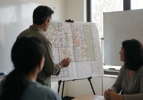 A man examines an event layout on a table while two other participants join a planning meeting.