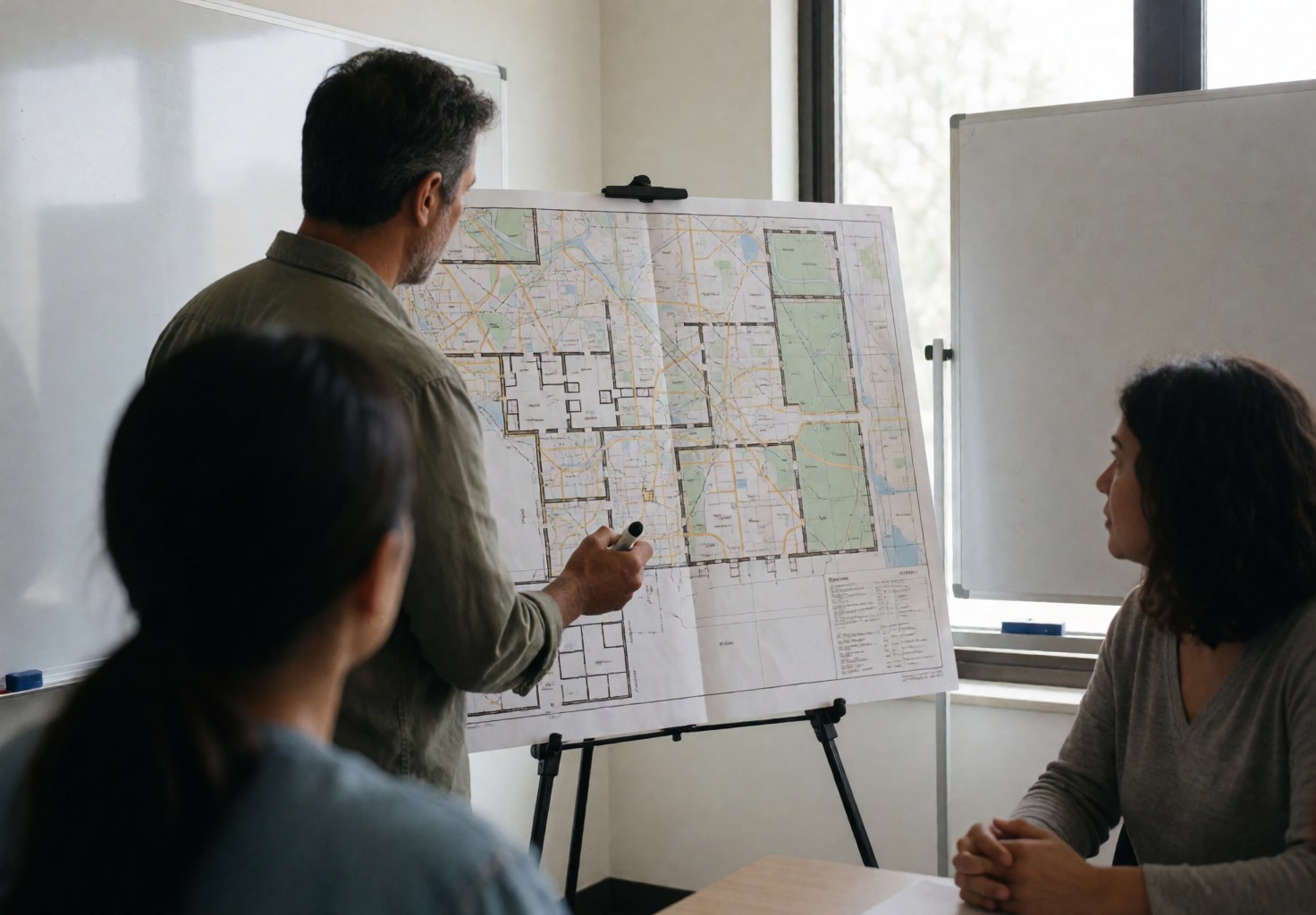 A man examines an event layout on a table while two other participants join a planning meeting.