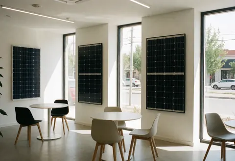 Interior of a showroom featuring solar panels on white walls, modern tables and chairs, and large windows with natural light