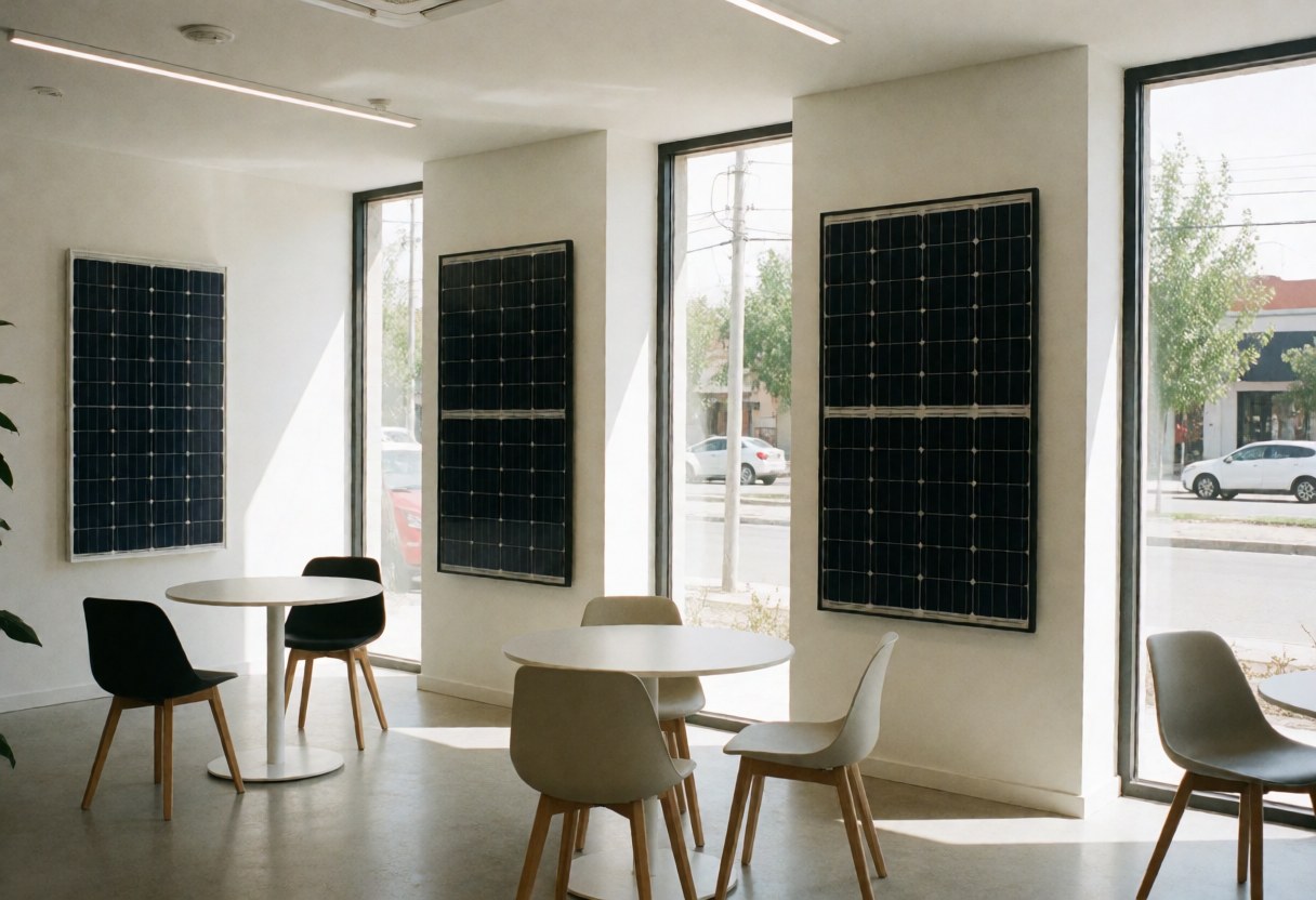 Interior of a showroom featuring solar panels on white walls, modern tables and chairs, and large windows with natural light