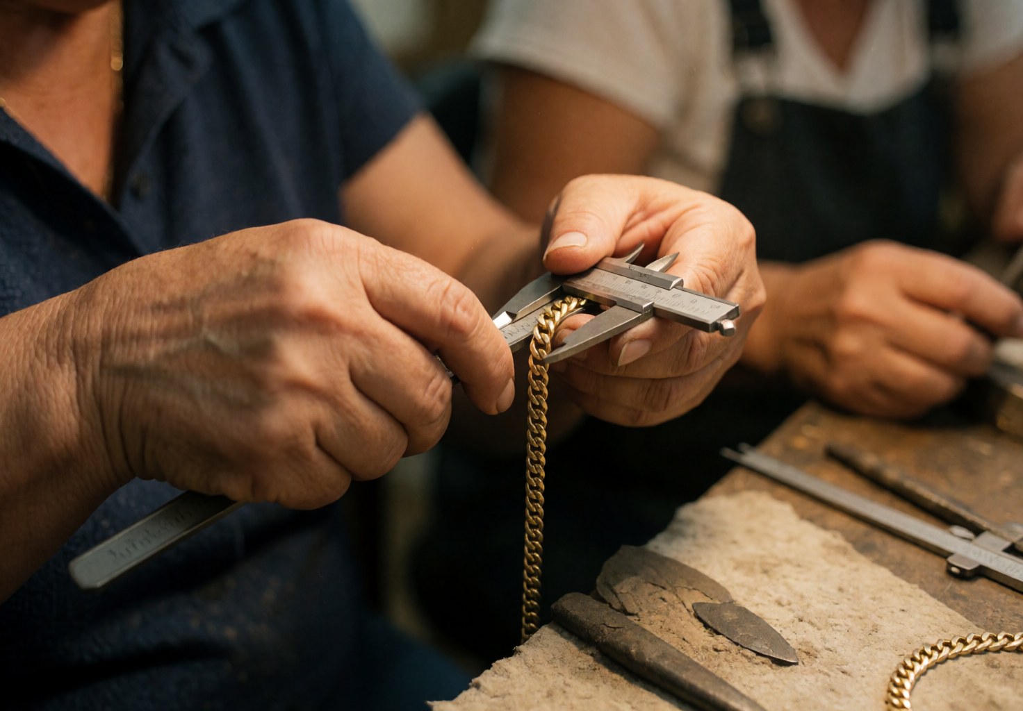 Close up of jeweler hands using calipers to measure a gold chain in a workshop with tools and shiny metal visible