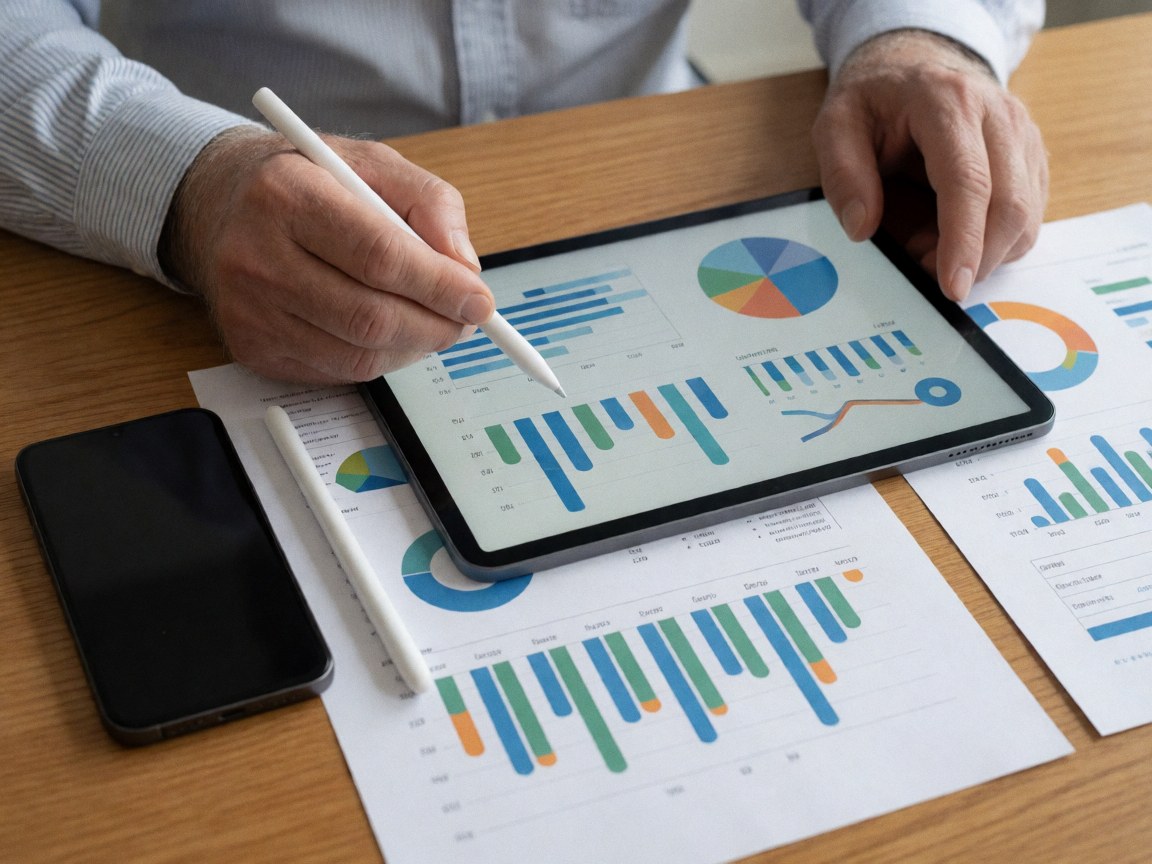 Close-up view of digital marketing analytics on a tablet, smartphone, printed reports, and stylus on a wooden desk